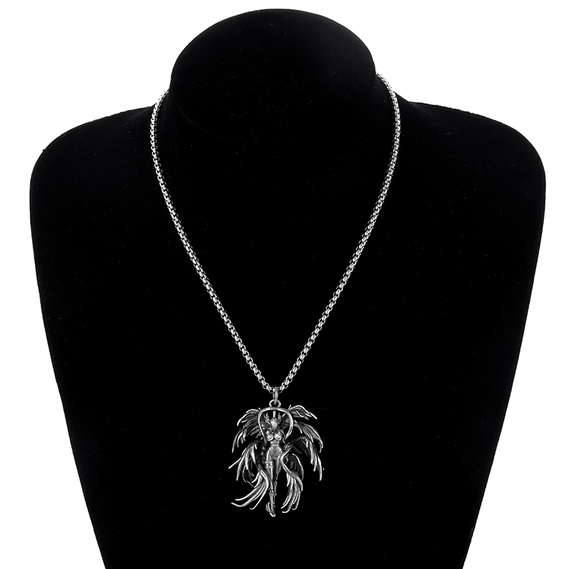 Gothic winged angel pendant necklace on display, showcasing punk style and stainless steel design.