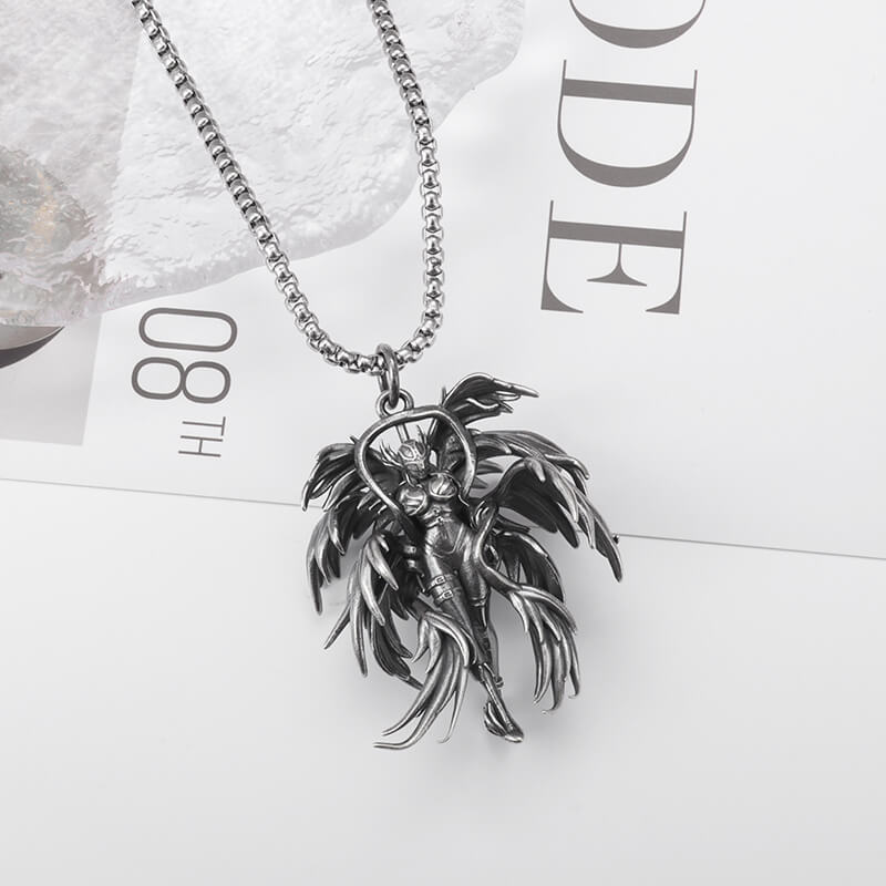 Gothic winged angel pendant necklace in stainless steel, a bold punk accessory for alternative fashion.