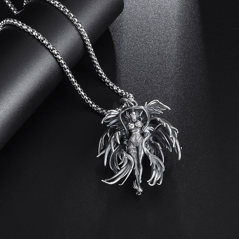 Gothic winged angel pendant necklace with intricate design, perfect for punk alternative fashion.