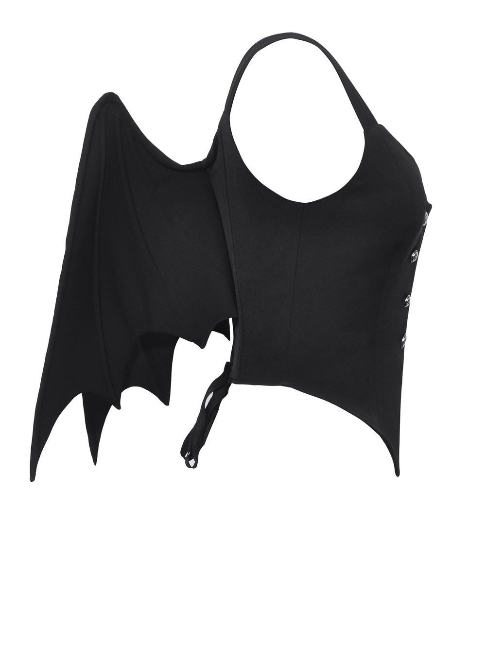 Gothic winged corset top with bat-inspired design and lace-up back, perfect for dark elegance and cosplay events.