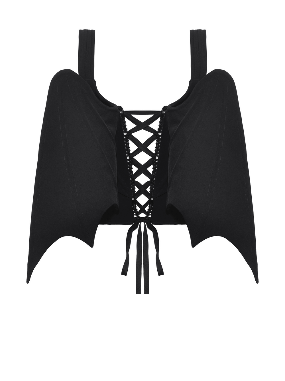 Gothic winged corset top with lace-up back detailing and bat-inspired design, perfect for dark elegance.