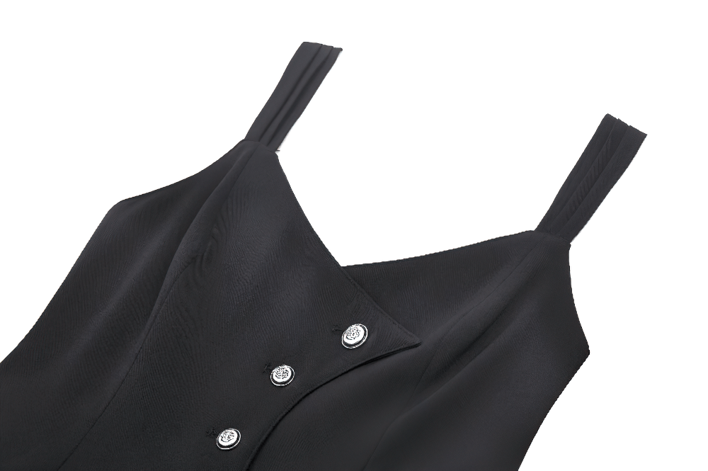 Elegant black corset top with structured bodice and button detailing, perfect for gothic styling and cosplay events.