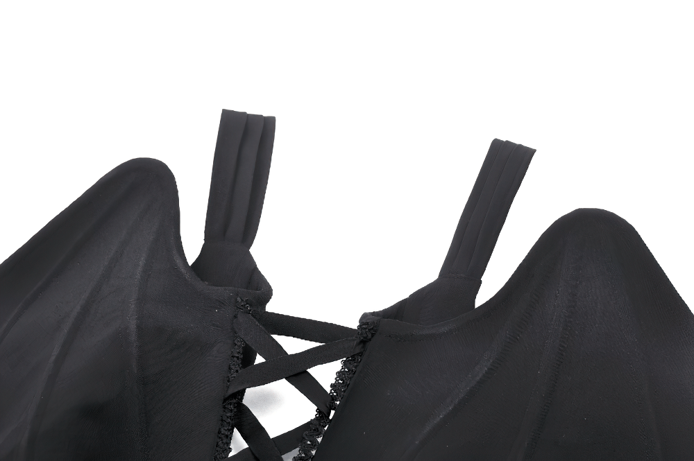 Close-up of gothic winged corset top showcasing adjustable lace-up back and bat-inspired wings.