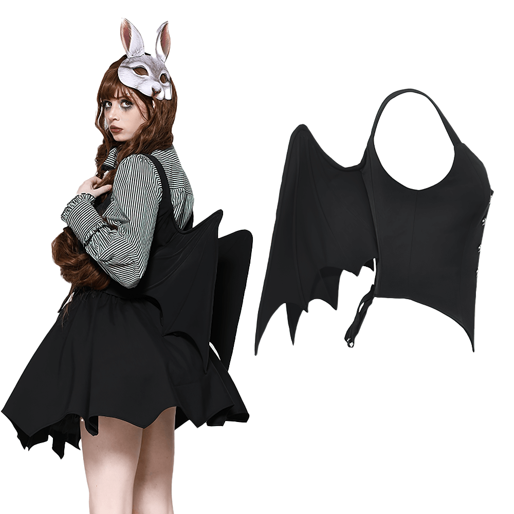 Bat-inspired gothic corset top with wing details, perfect for dark elegance and cosplay. Features adjustable lace-up back.