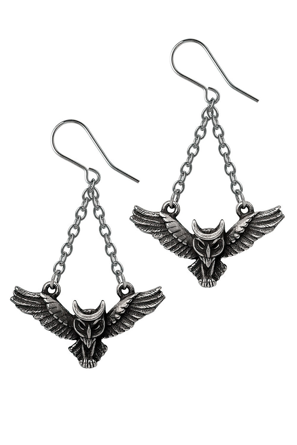 Gothic Winged Owl Earrings with Crescent Moon Charm featuring a detailed owl design and delicate chains.