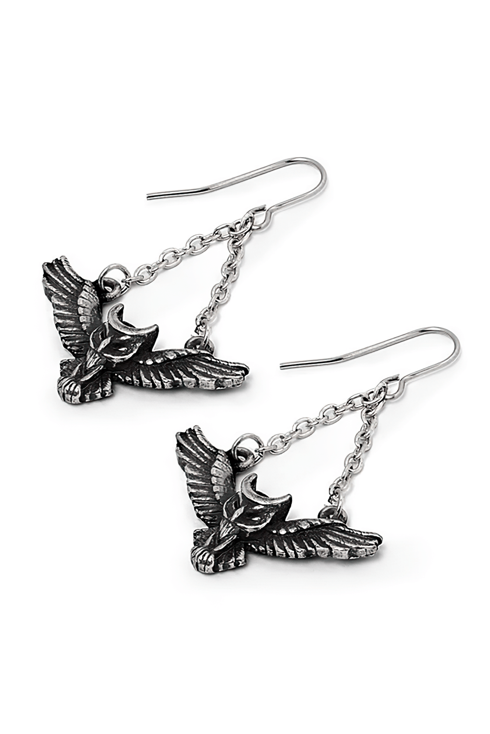 Gothic Winged Owl Earrings with Crescent Moon Charm, featuring a detailed owl in flight and delicate silver chains.