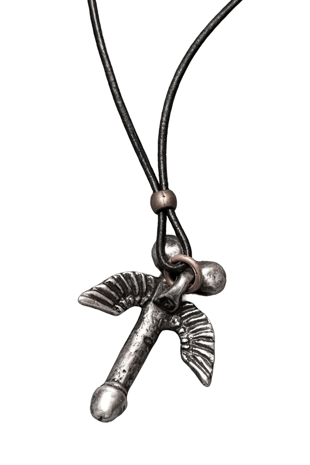 Gothic Winged Phallus Pewter Talisman Necklace on black cord, showcasing an intricate Gothic design.