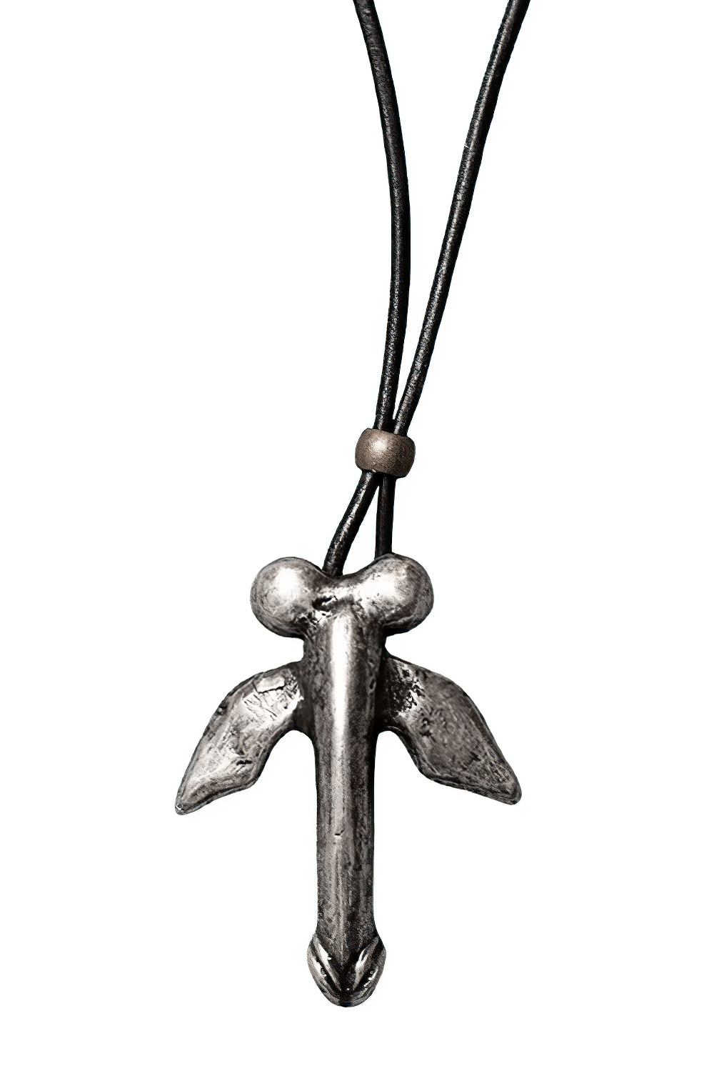 Gothic Winged Phallus Pewter Talisman Necklace on black cord, symbolizing protection and virility, crafted in silver.