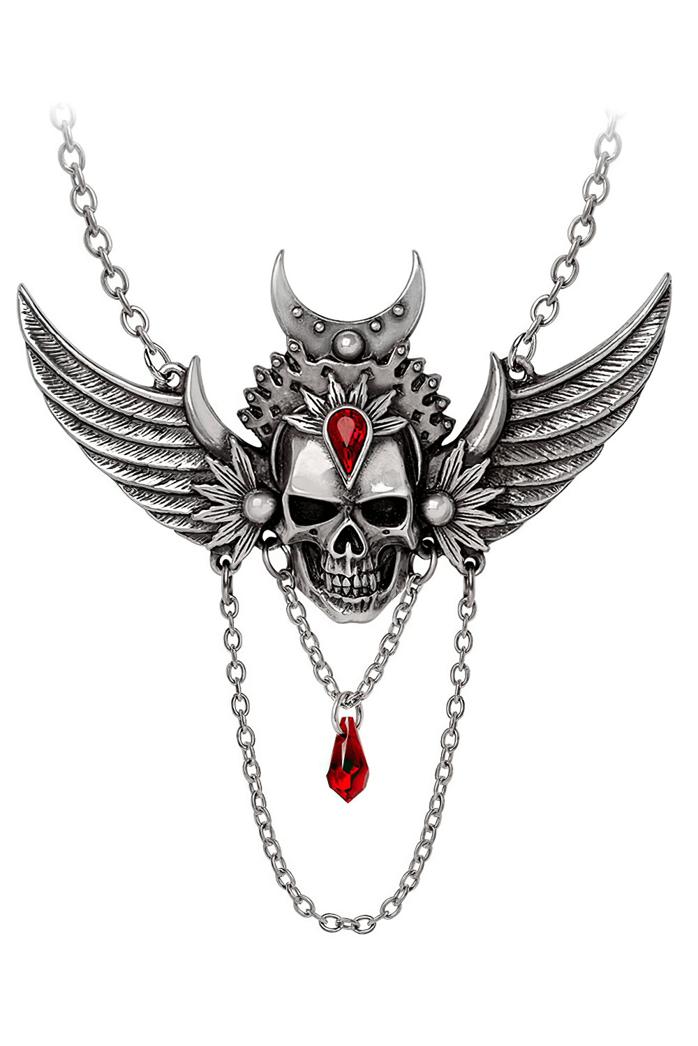 Gothic Winged Skull Necklace with Red Crystal Drop, featuring a dramatic winged skull design and red crystal dropper.
