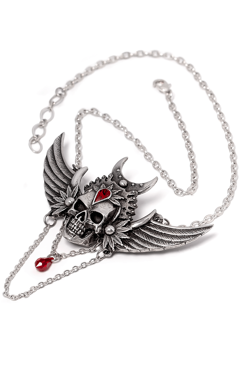 Gothic Winged Skull Necklace with Red Crystal Drop featuring a dramatic pewter winged skull design.