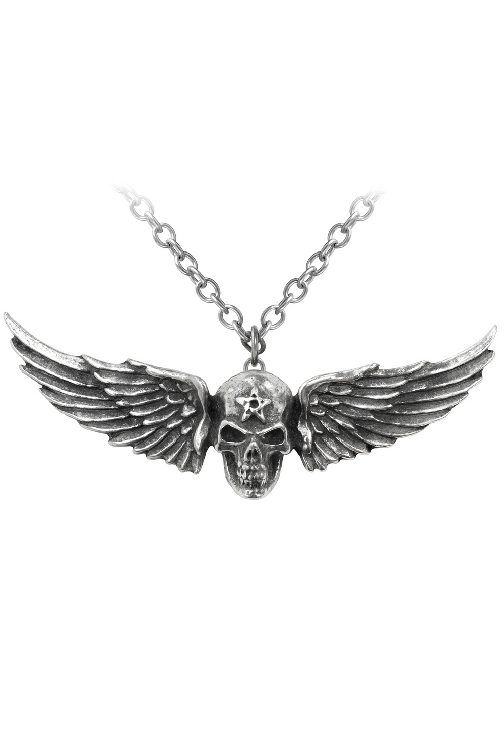 Gothic Winged Skull Pendant with Pentagram Symbol showcasing intricate winged design.