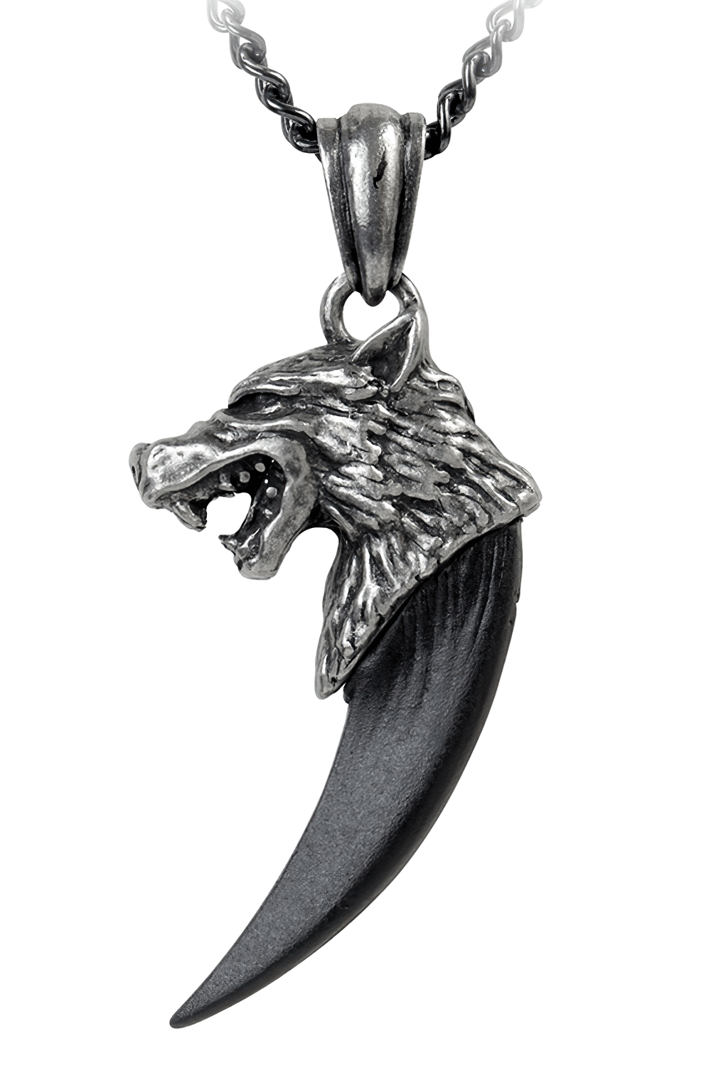 Gothic wolf Macht pendant featuring black pewter fang and intricately sculpted wolf's head, perfect for dark-themed jewelry lovers.