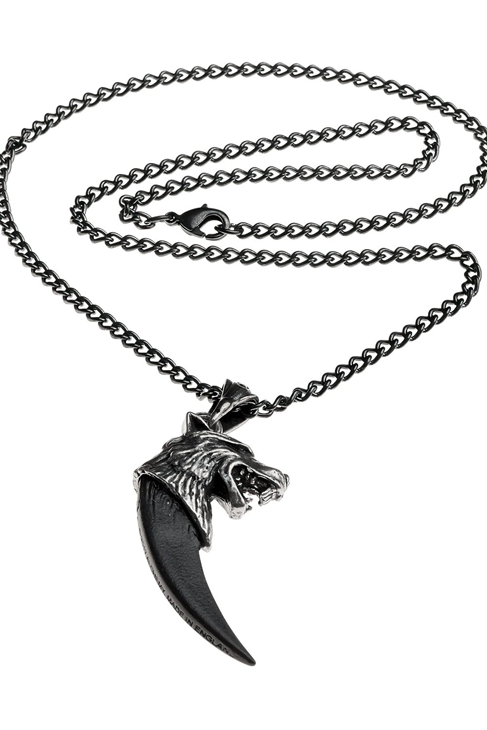 Gothic Wolf Macht Pendant with black pewter fang, 3D wolf head, suspended from a 21" antiqued curb chain.