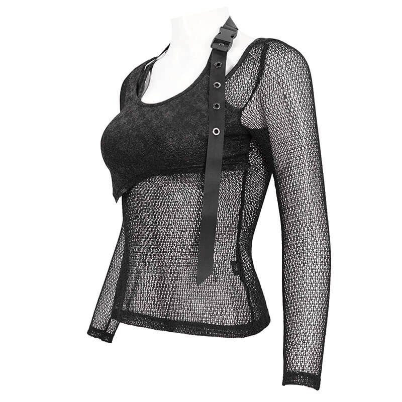 Gothic women's black top with O-neck and strap, featuring steampunk mesh detail for a trendy and edgy look.