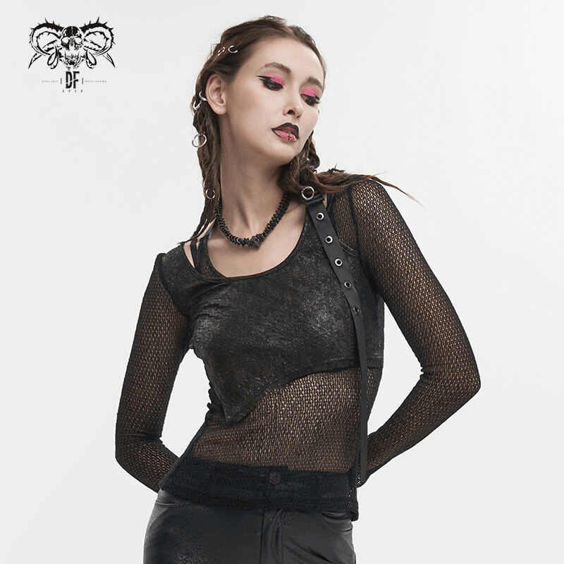 Gothic women's black mesh top with O-neck and strap, perfect for a trendy steampunk style fashion statement.