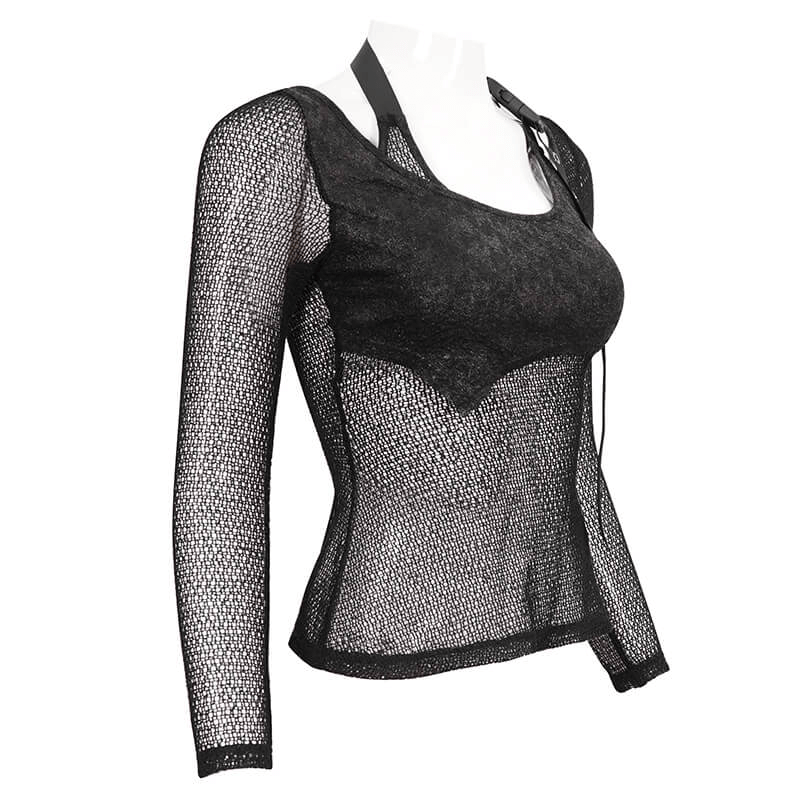 Gothic Women's Black Toр With O-Neck and Strap / Steampunk Style Ladies Mesh Clothing