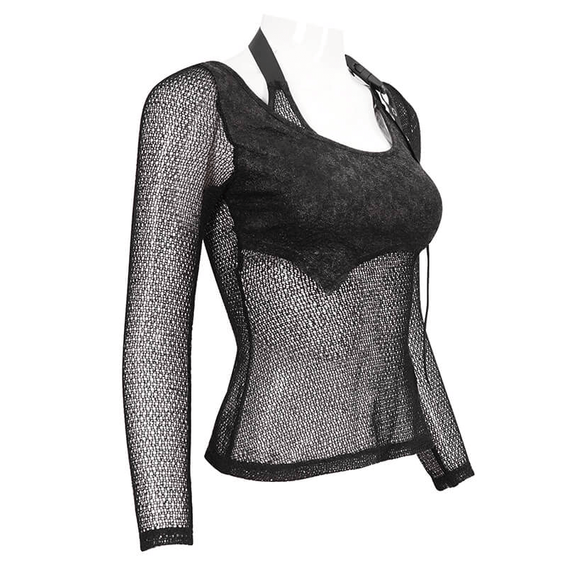 Gothic women's black mesh top with O-neck and strap, perfect for steampunk style fashion.