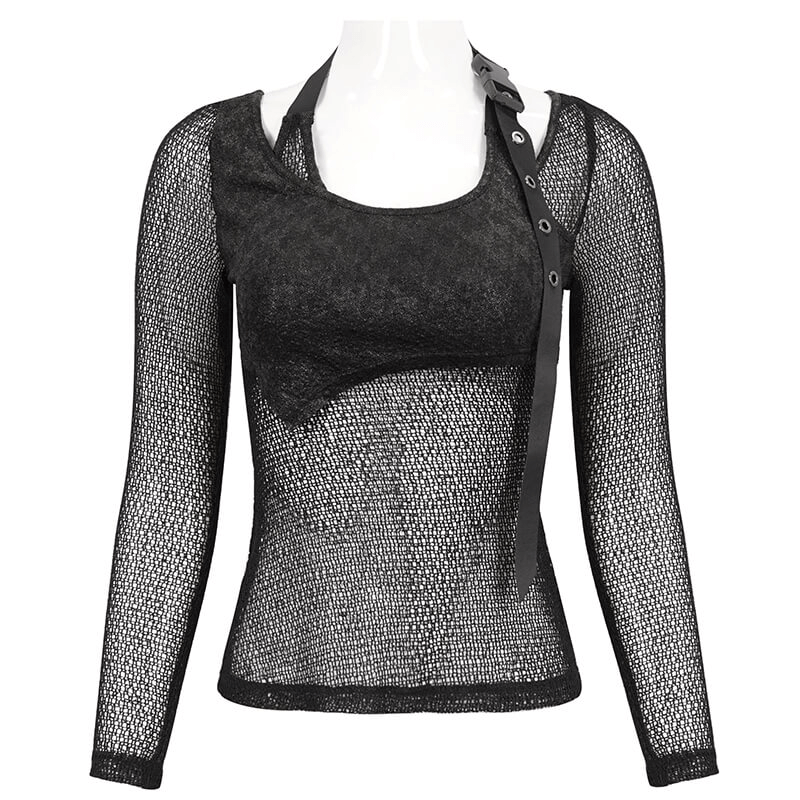 Gothic women's black top with O-neck and bold strap, featuring steampunk mesh design for edgy fashion.