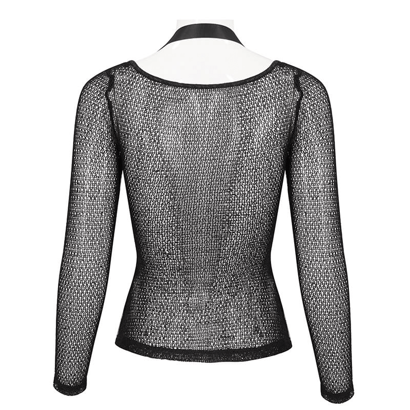 Back view of Gothic women's black top with O-neck and strap, featuring trendy steampunk mesh detailing.