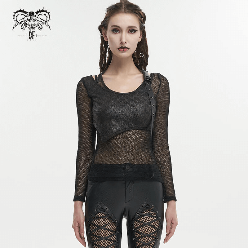 Gothic women's black O-neck top with mesh and strap detail, perfect for steampunk fashion lovers.