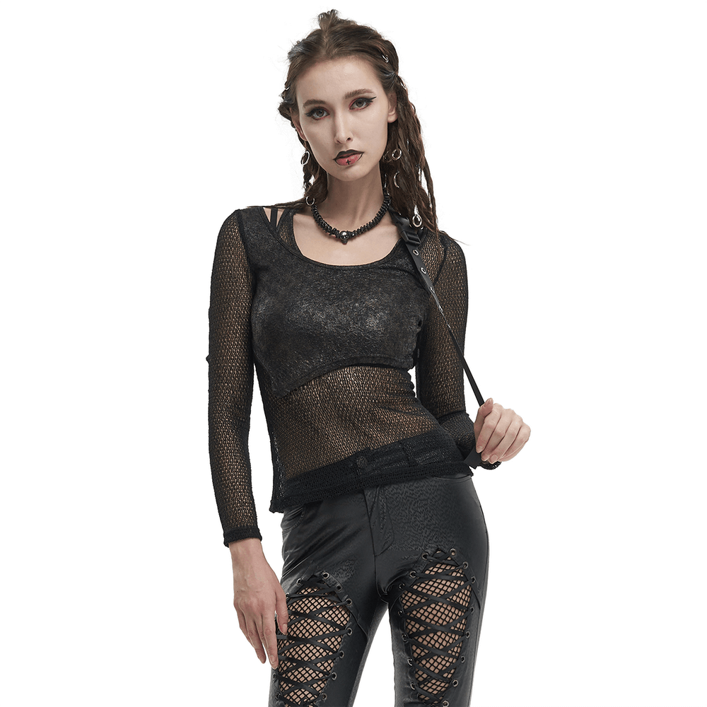 Gothic women's black top with O-neck and strap, featuring trendy steampunk mesh design and edgy style.