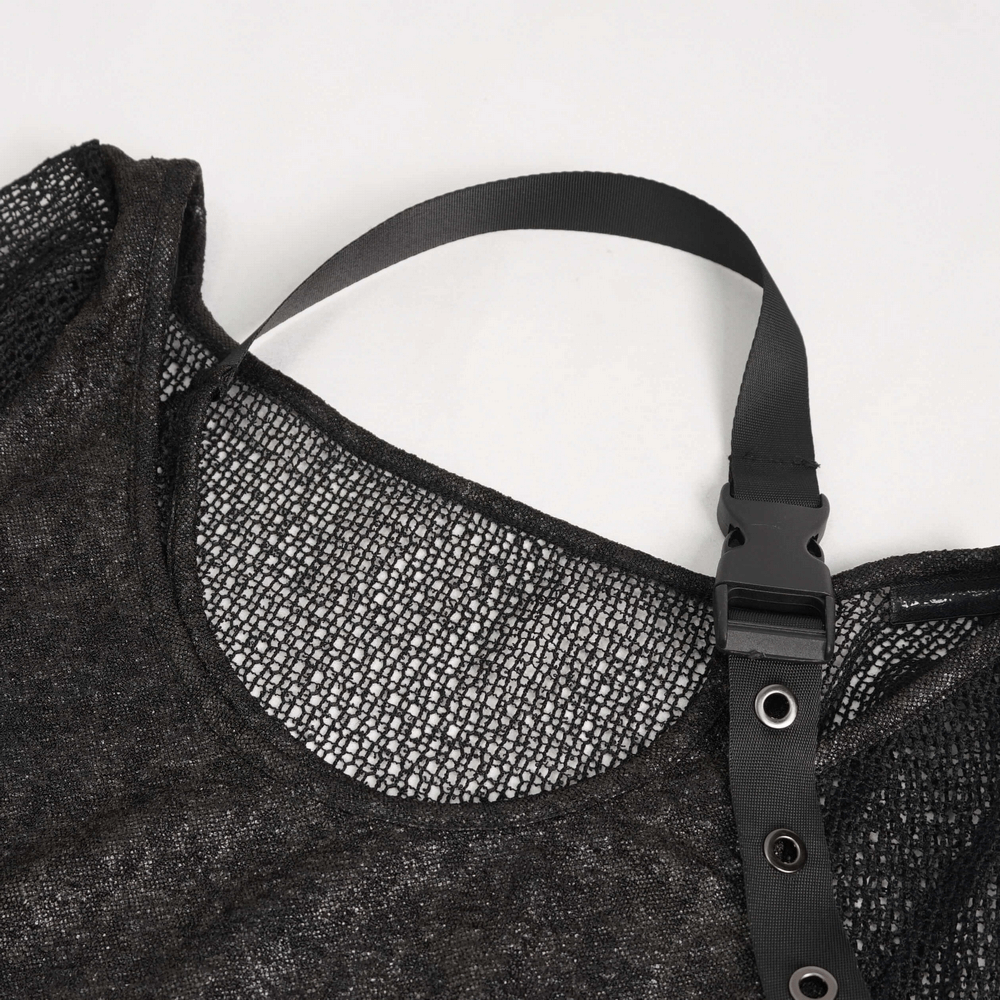 Close-up of gothic women's black top with O-neck and strap detail, showcasing stylish steampunk mesh design.