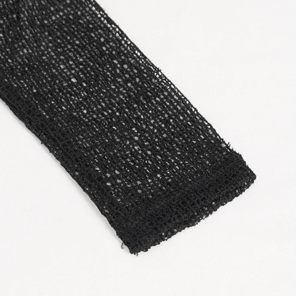 Close-up of black mesh fabric showcasing intricate texture for gothic and steampunk fashion.