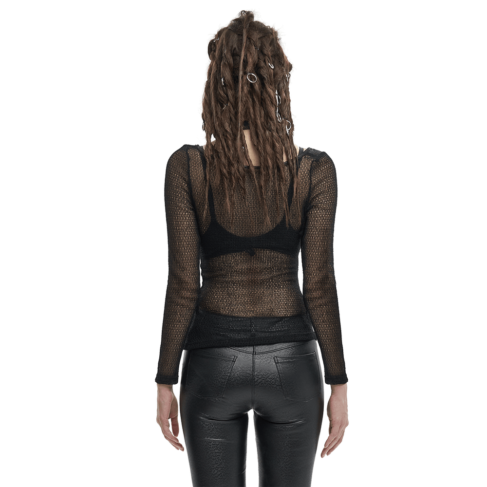 Back view of a gothic women's black mesh top with O-neck and strap, paired with stylish black pants.