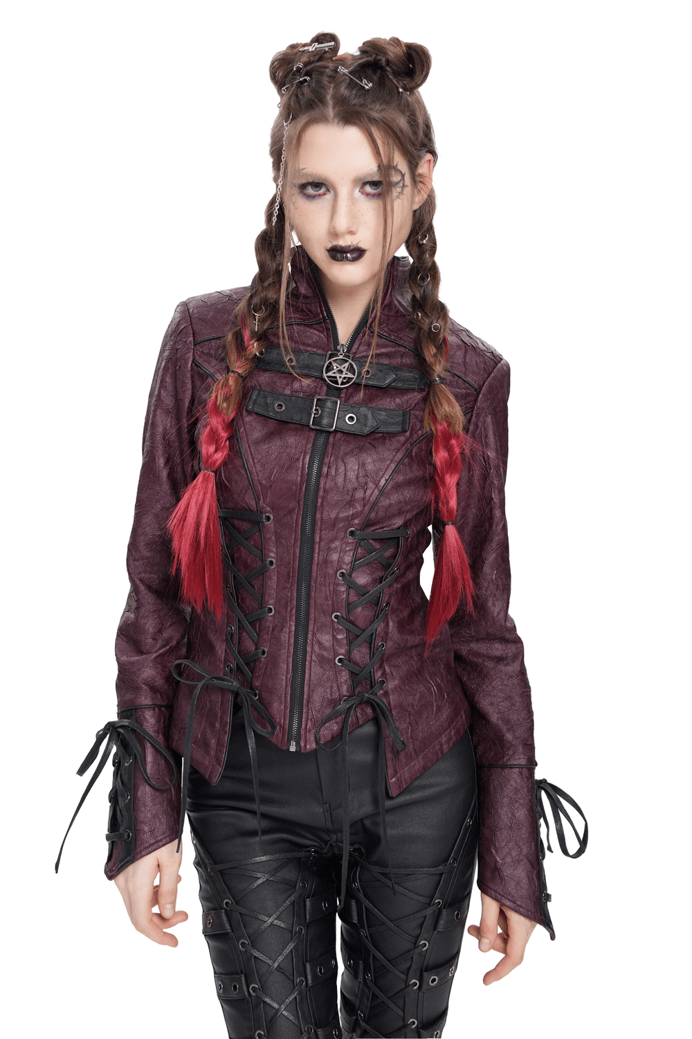 Gothic women's purple faux leather jacket with buckles and lace-up details, styled for alternative fashion.