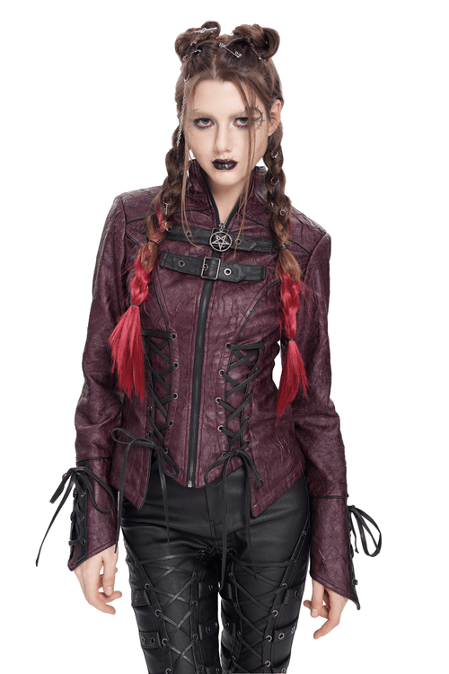 Veste en faux cuir violette avec boucles pour femmes gothiques