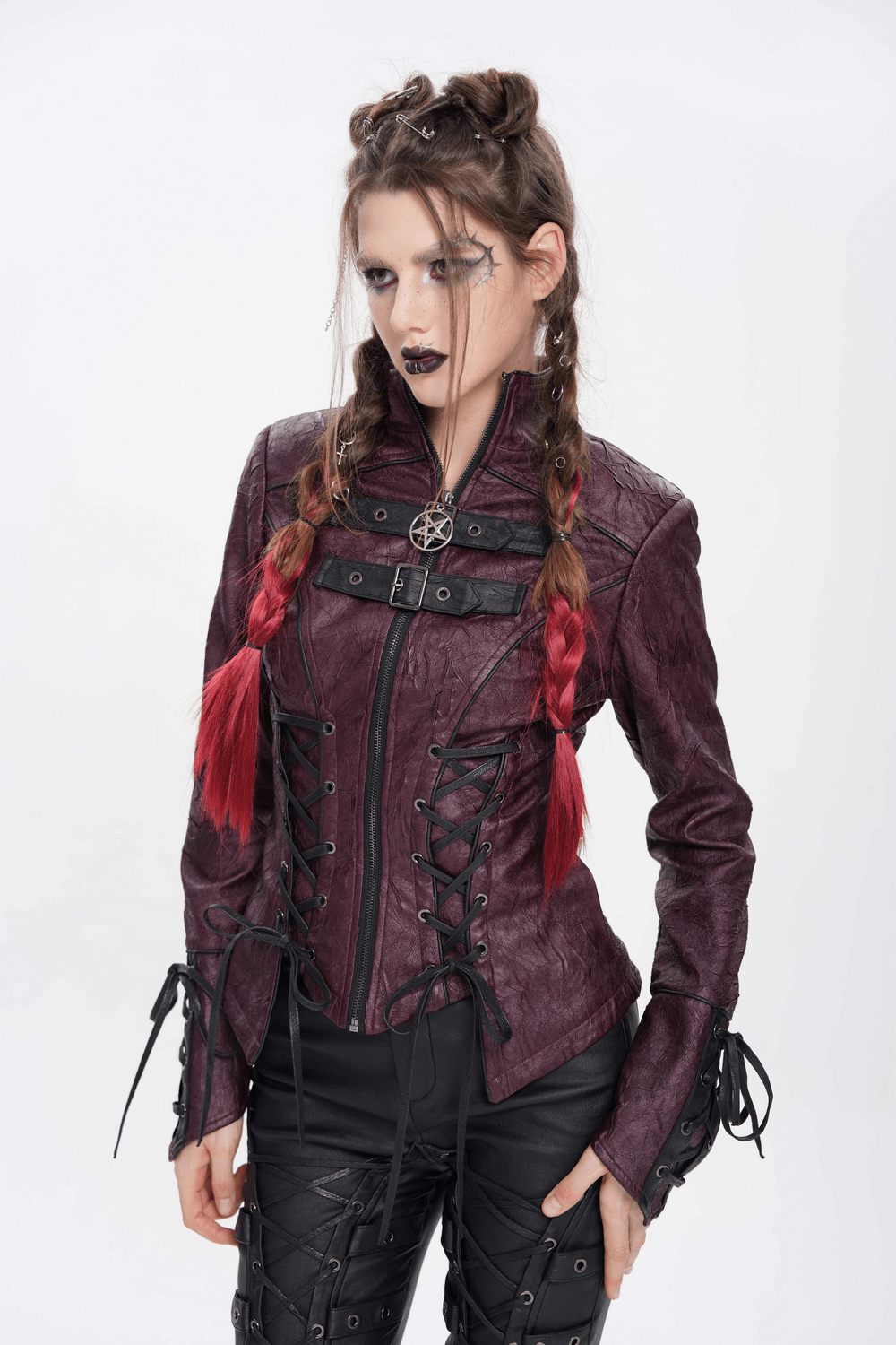 Gothic women’s purple faux leather jacket with buckles, lace-up sides, and pentagram zipper detail.