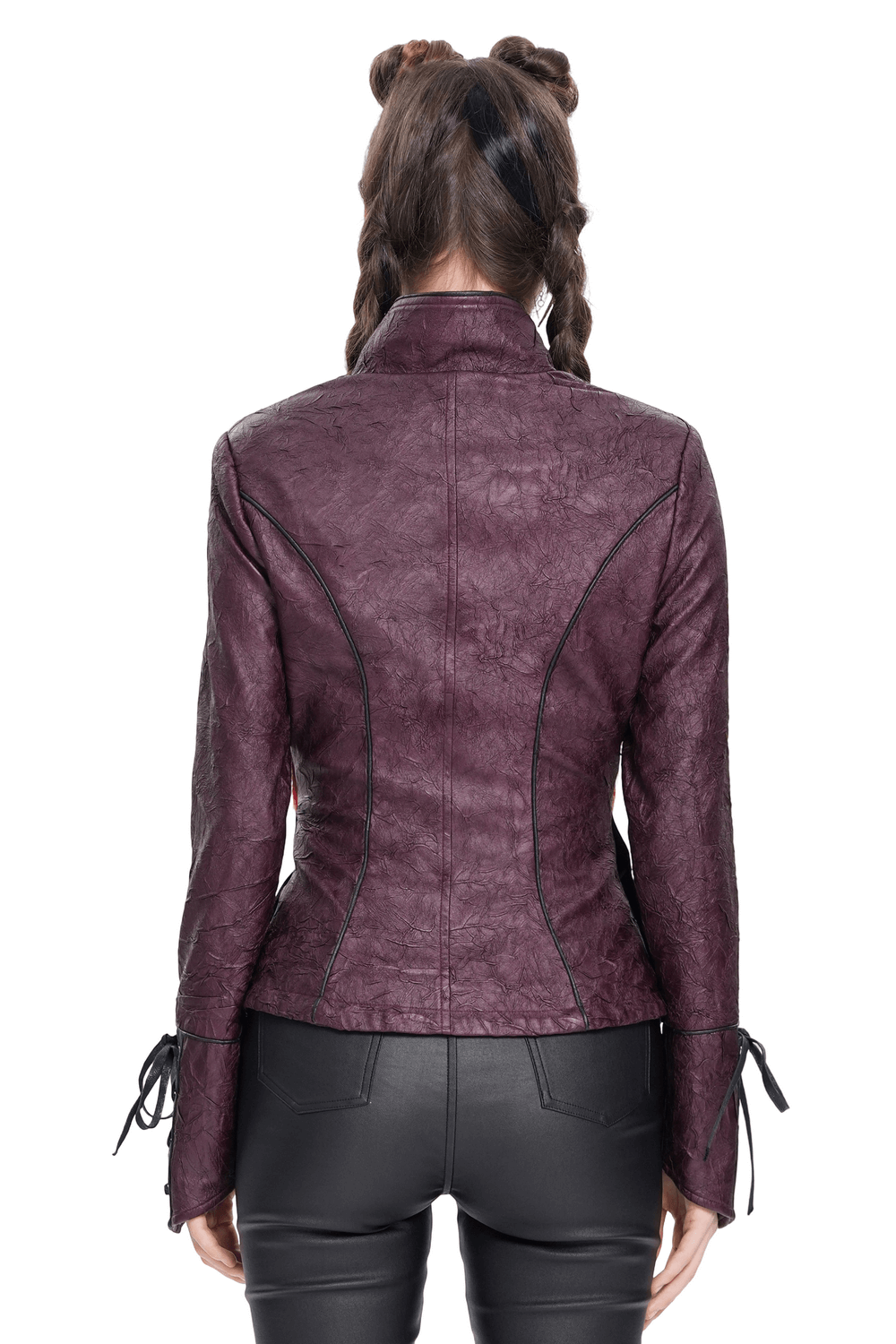 Back view of gothic women's purple faux leather jacket featuring lace-up ties and fitted design, perfect for alternative fashion.