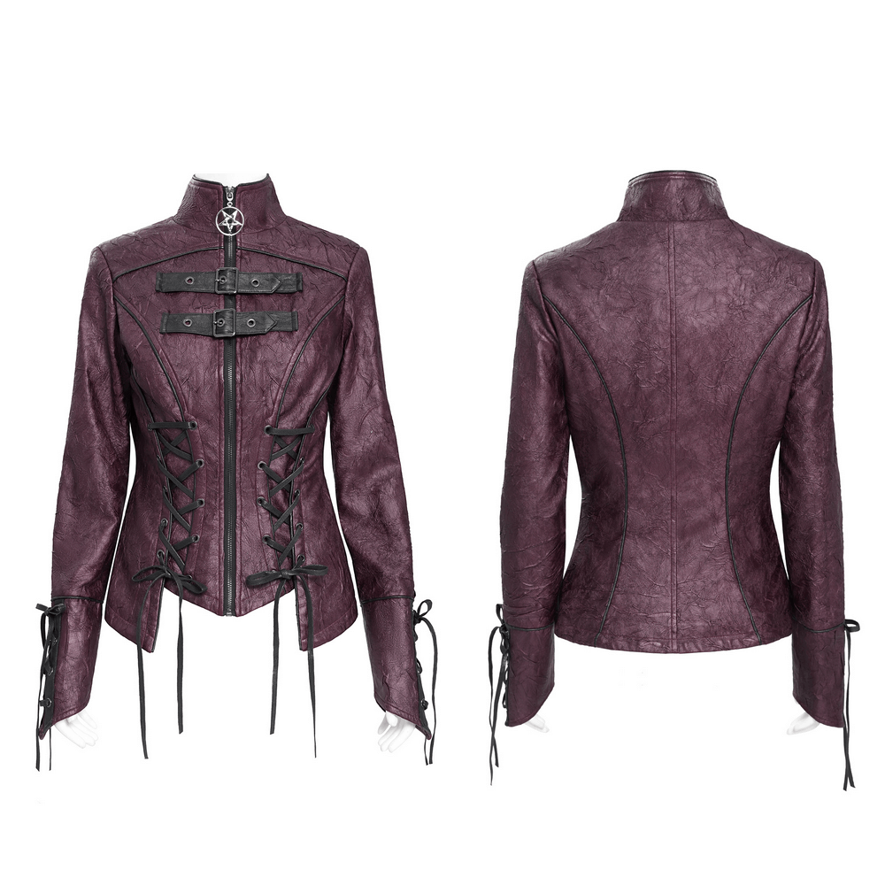 Gothic women’s purple faux leather jacket with buckles, lace-up sides, and pentagram detail for alternative fashion.