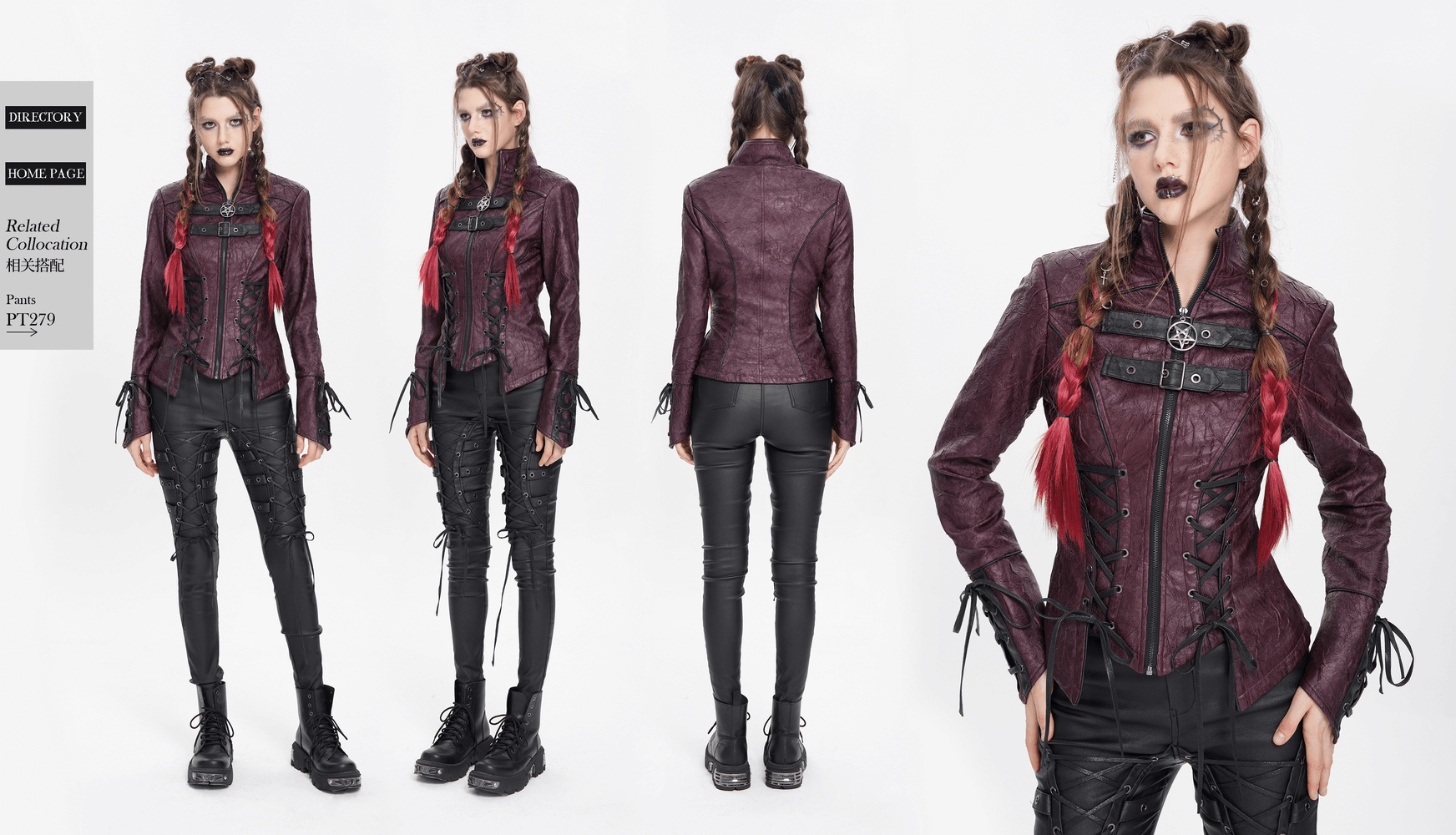 Gothic women's purple faux leather jacket with buckles, lace, and edgy style, perfect for alternative fashion.