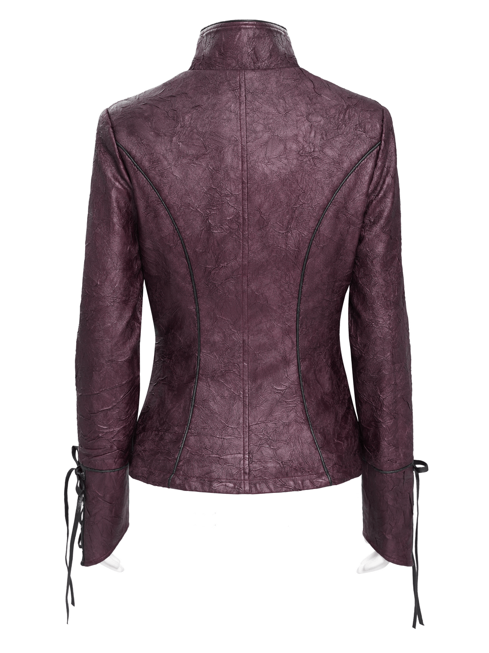 Back view of Gothic women's purple faux leather jacket with lace-up sleeves and stylish silhouette.