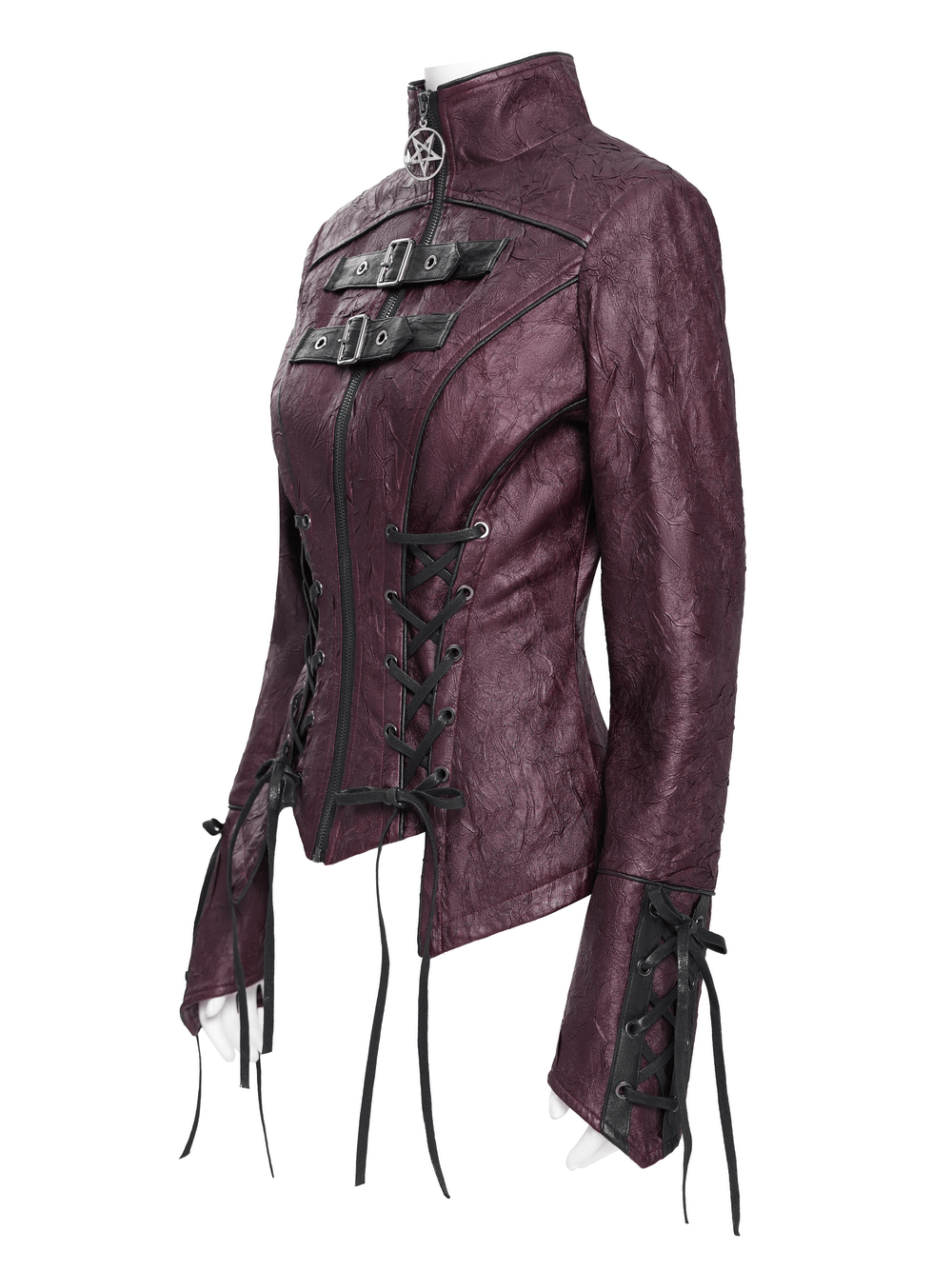 Gothic women's purple faux leather jacket with buckles, lace-up sides, and pentagram zipper detail.