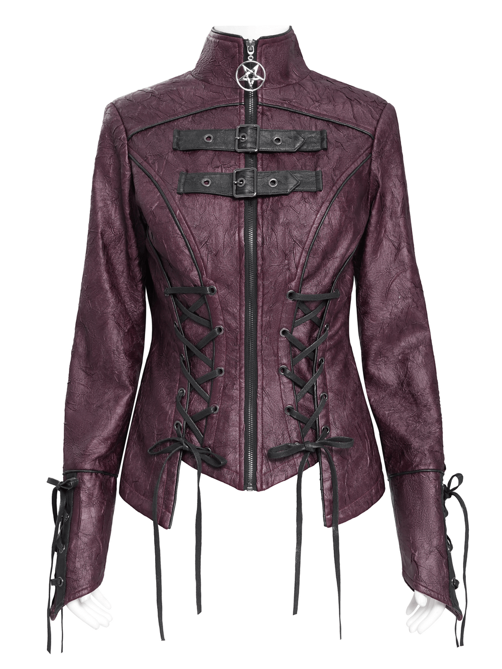 Gothic women’s purple faux leather jacket with buckles and lace-up sides for an edgy fashion statement.