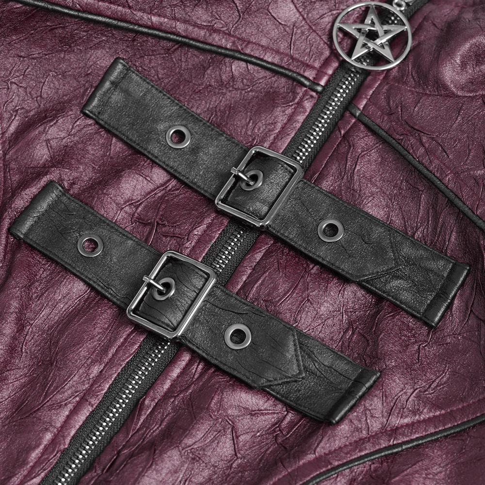 Close-up of gothic women's purple faux leather jacket with buckles and pentagram zipper detail.