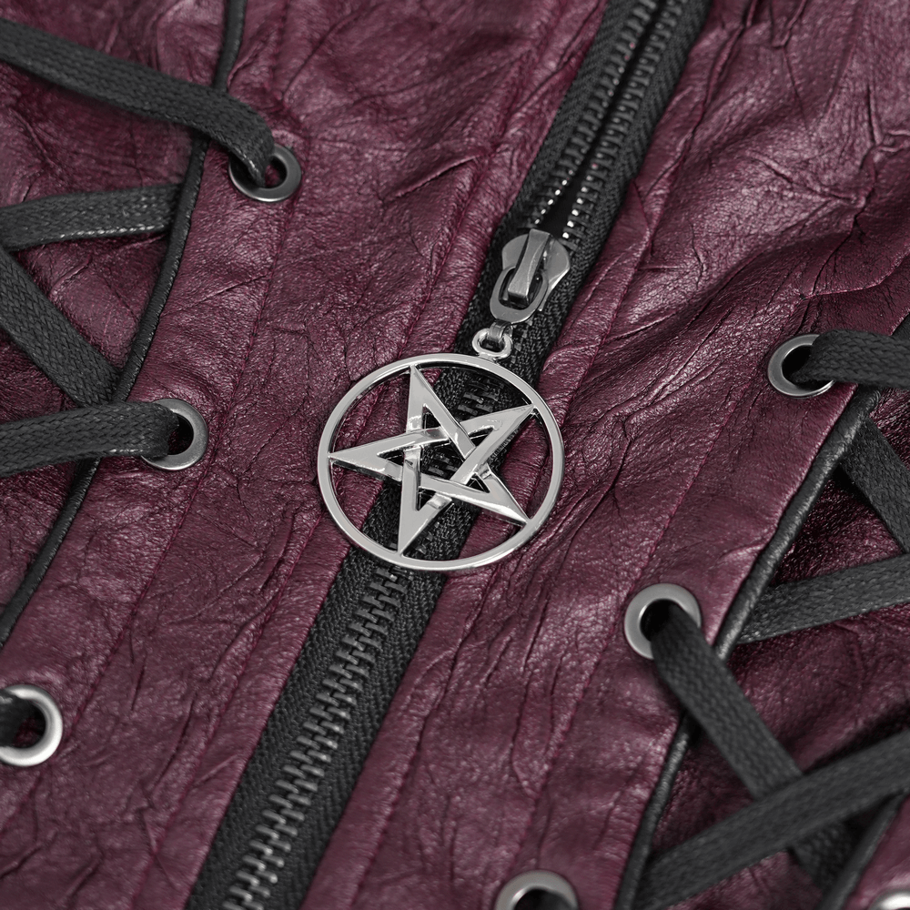 Close-up of pentagram zipper detail on gothic purple faux leather jacket with lace and straps.