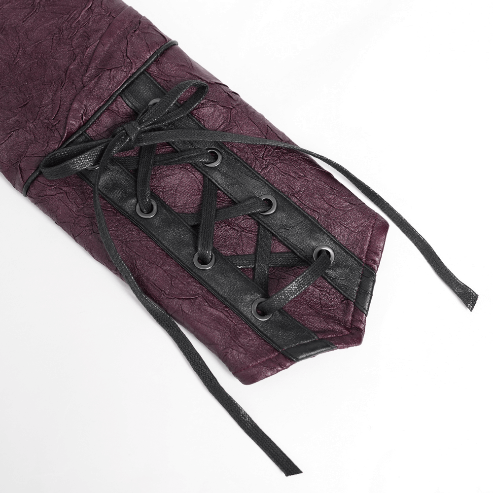 Gothic women’s purple faux leather jacket sleeve with lace-up detail and black straps for edgy elegance.