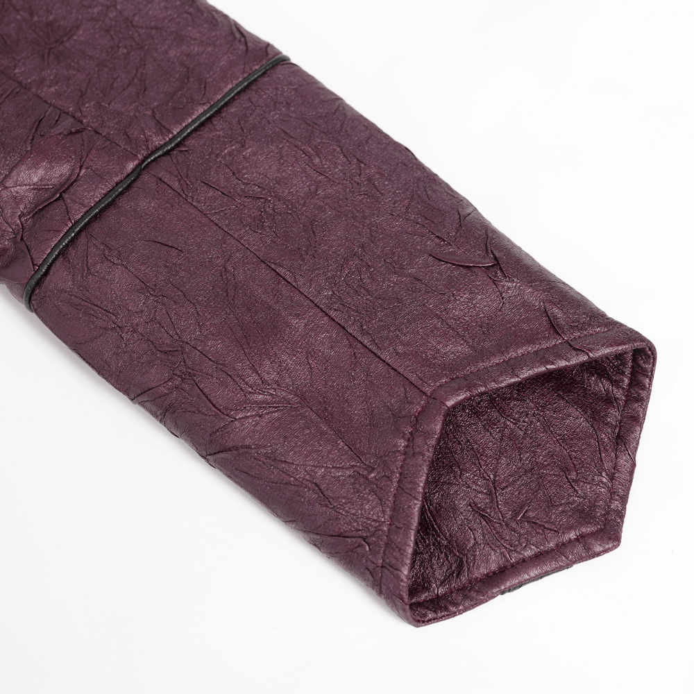 Close-up of a gothic women's purple faux leather jacket sleeve with textured fabric and lace detail.