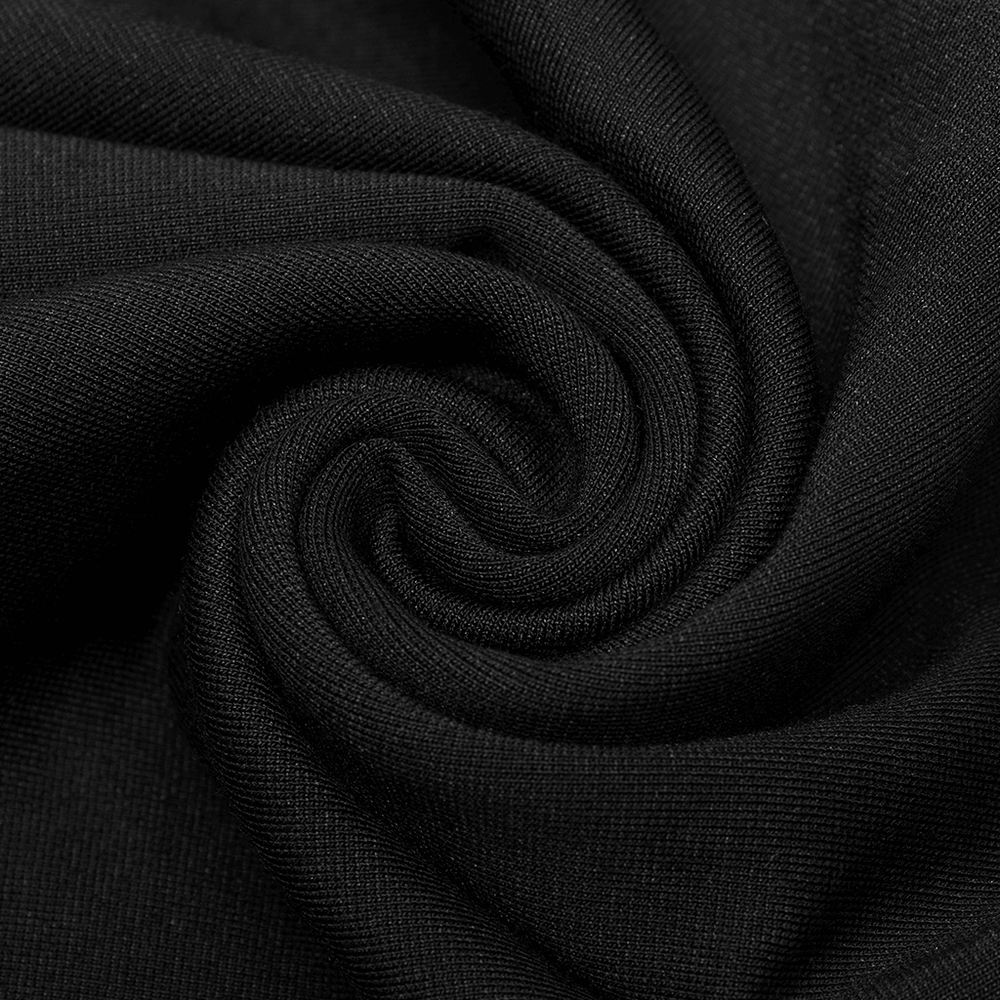 Close-up of soft, black knitted fabric showcasing a swirl pattern for Gothic fashion.