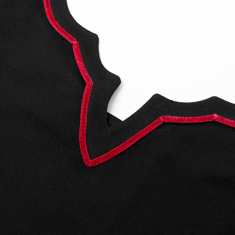 Close-up of Gothic Women's Bat Camisole collar with red velvet trim, showcasing edgy design details.