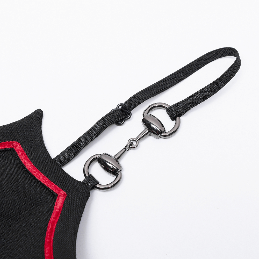 Close-up of Gothic Women's Bat Camisole strap with metal loop detail and black fabric.