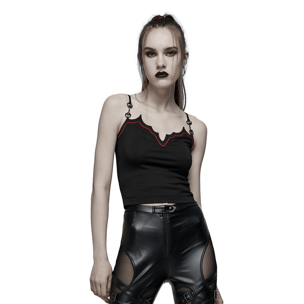 Gothic women's bat camisole with metal accents and red detailing, perfect for an edgy nighttime look.