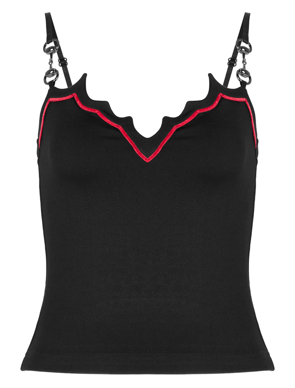 Gothic women's bat edge camisole with metal accents and red trim, perfect for edgy nighttime looks.