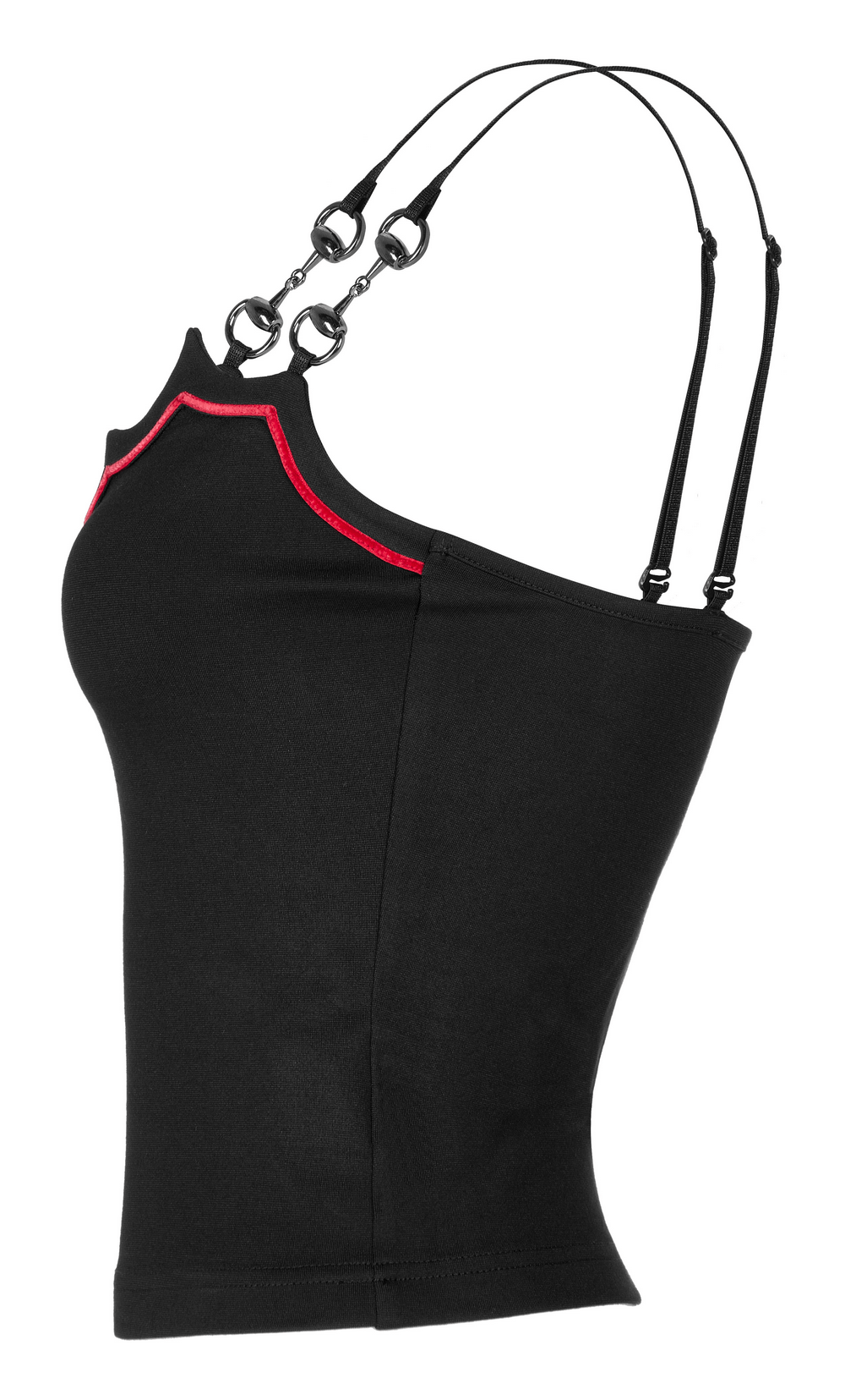 Gothic Women's Bat Camisole with edgy metal loops and red accents for a stylish silhouette.