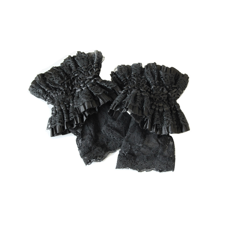 Elegant black lace fingerless gloves with ruffled design, perfect for a gothic accessory touch.