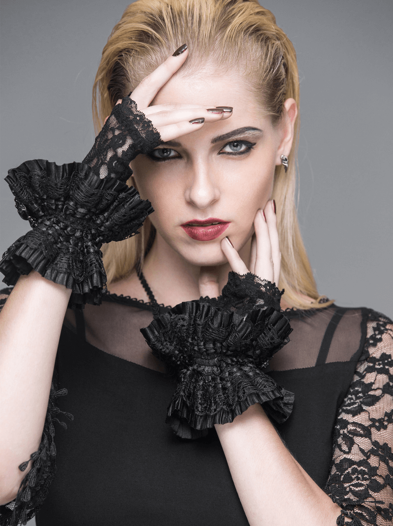 Gothic Women's Black Fingerless Gloves / Ladies Lace Gloves with Floral Embroidery and Skull Pendant - HARD'N'HEAVY