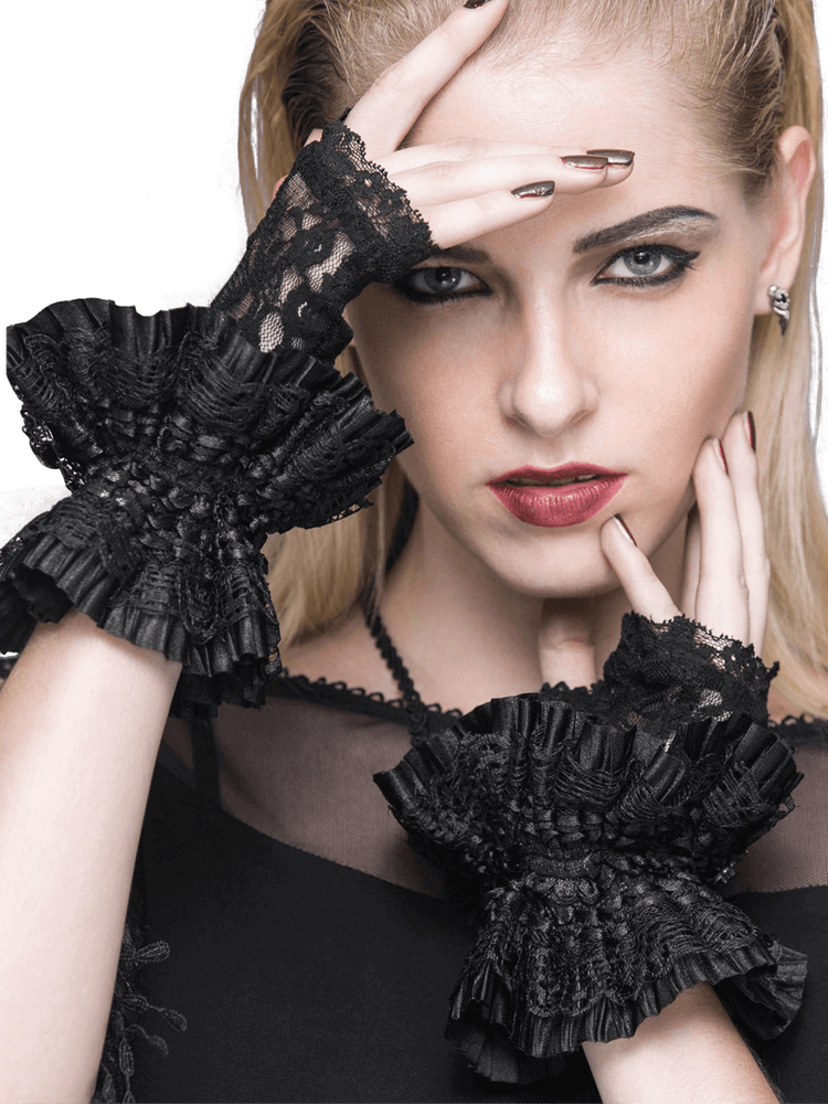 Gothic Women's Black Fingerless Gloves / Ladies Lace Gloves with Floral Embroidery and Skull Pendant - HARD'N'HEAVY